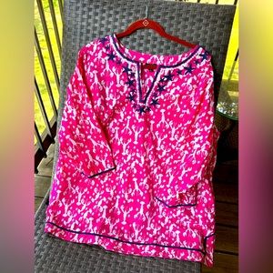 TALBOTS Size 2X Pink Lobster Rockstar Cotton Tunic Top Embroidered Starfish